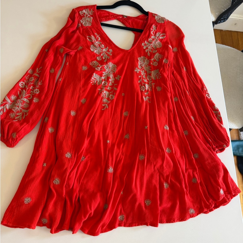 Free People Red Embroidered Flowy Dress